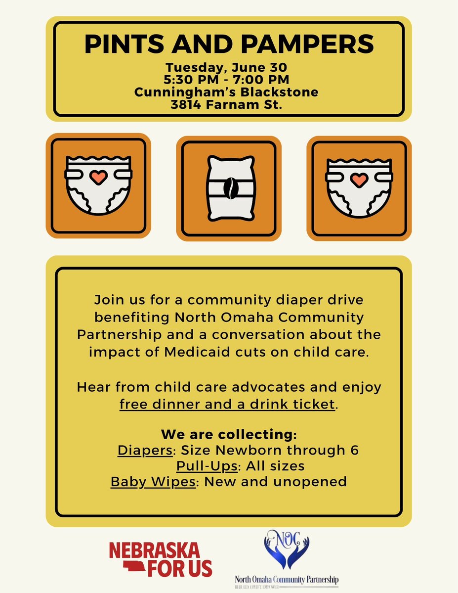 NebraskaForUs's tweet photo. 🍼Diapers are a basic necessity, and every baby deserves access to clean diapers.
👋Join us on for a community diaper drive and a conversation about the impact of Medicaid cuts on child care. https://t.co/Y7gnkboGK3