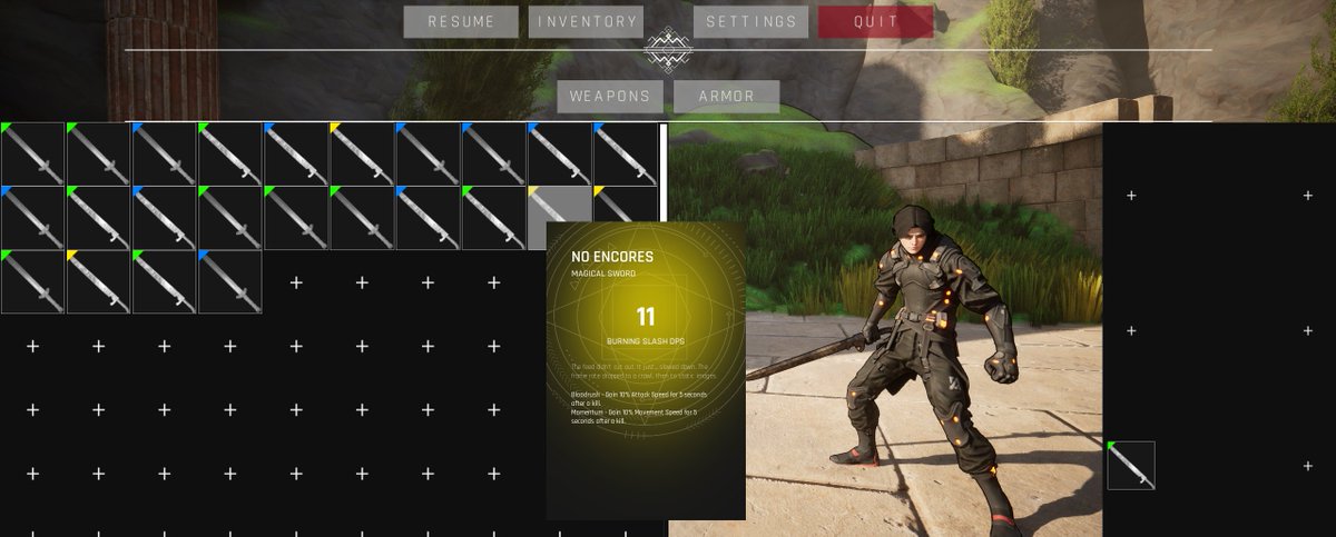 RETINANITE's tweet photo. Weapon inventory fully complete. This system can effortlessly handle tens of thousands of procedurally generated weapons. The only limitation to performance would be the UI itself. Zero hard references before equip. https://t.co/Ja6RuZ26KC