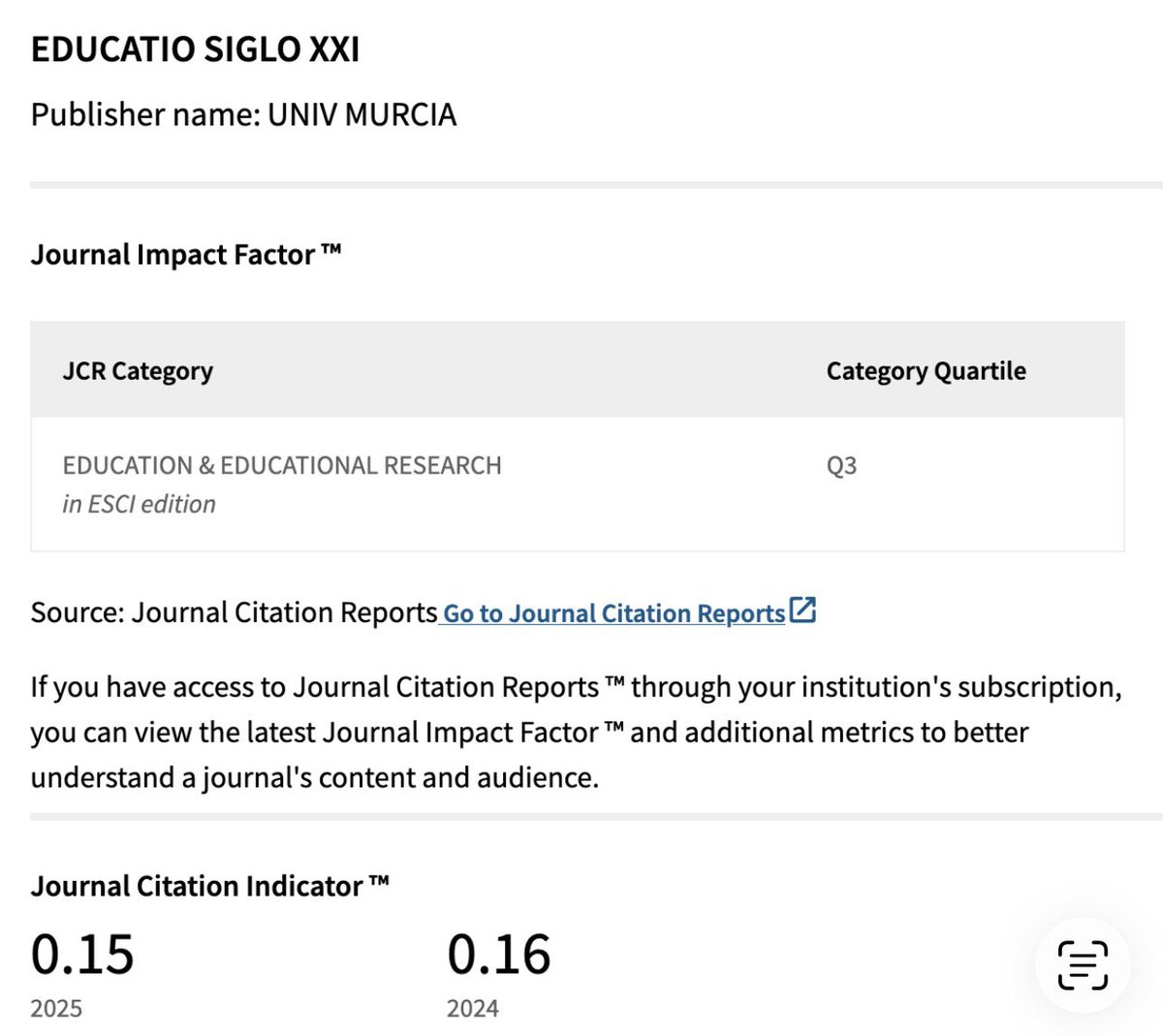 EducatioSXXI's tweet photo. Ya se ha publicado el nuevo JCR y nuestra revista está situada  en Q3, un paso más. Gracias a los autores y lectores desde nuestro Equipo Editorial @editum @Clarivate @FECYT_Ciencia @UMU @EducacionUm @UMUdivulga @ScimagoJR https://t.co/51AdWeOcg6