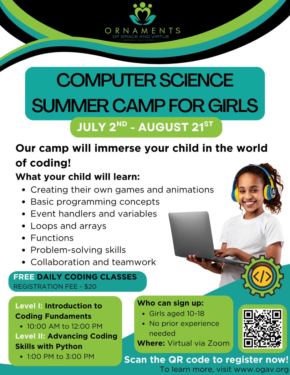 OGAVIntl's tweet photo. Looking for a meaningful summer activity?

Our Computer Science Summer Camp provides a safe, supportive environment where girls can learn coding, collaborate with peers, and develop skills that last a lifetime.

Register Now: https://t.co/pdSwRhI3W5 https://t.co/Df6y0MvIP7
