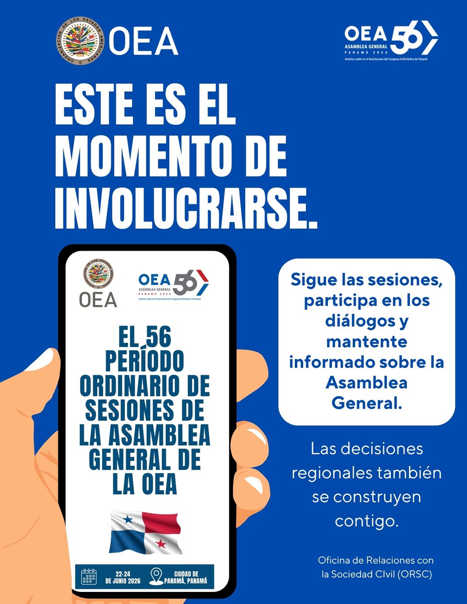 OEA_SocCivil's tweet photo. 🌎 Sé parte de la conversación en el marco de 56ª Asamblea General de @OEA_oficial.

Sigue las sesiones, mantente informado y vea las discusiones en vivo a través del webcast.

🎥 Síguelas aquí https://t.co/txVtricSKc

Porque el diálogo hemisférico comienza con la participación. https://t.co/3QFflyLrSA