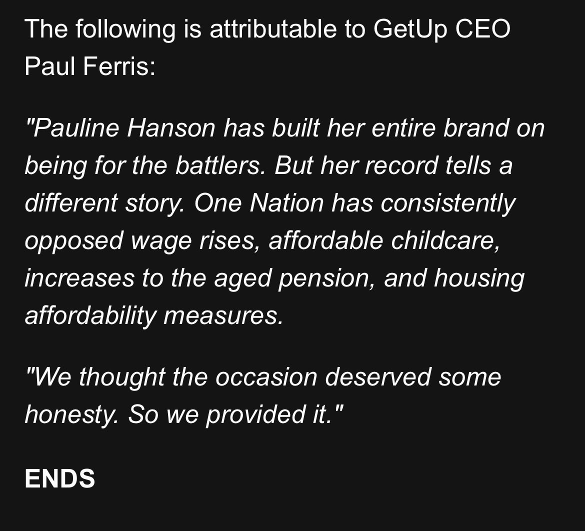 Dazzaat's tweet photo. GetUp CEO statement 
" We thought the occasion deserved some honesty .So we provided it. " https://t.co/8vIHb5Y2QV