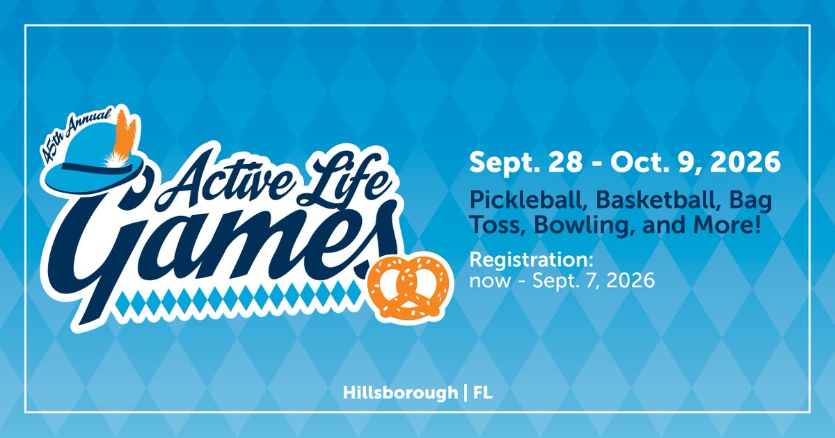 Graphic from Hillsborough County promoting the Active Life Games. Features event information like date, event activities, and registration information with an Oktoberfest theme.