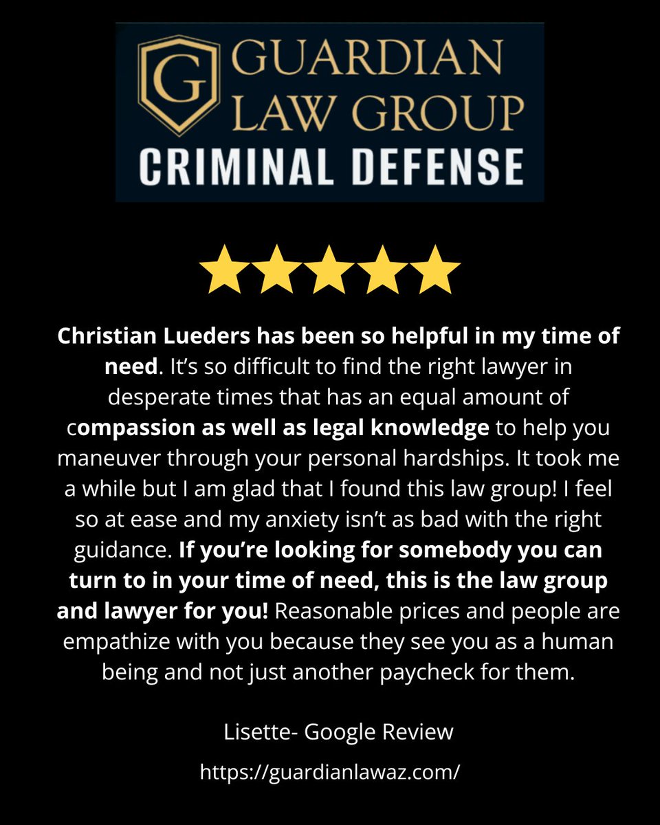 GuardianLawAZ's tweet photo. ⭐️⭐️⭐️⭐️⭐️

Criminal charges create uncertainty.

Our goal is to provide clear guidance, honest answers, and trial-ready defense when clients need it most.

Thank you for the review and trust.

https://t.co/iQlOUGy7k5

#CriminalDefense #ArizonaAttorney https://t.co/AWsHqkqEZ5