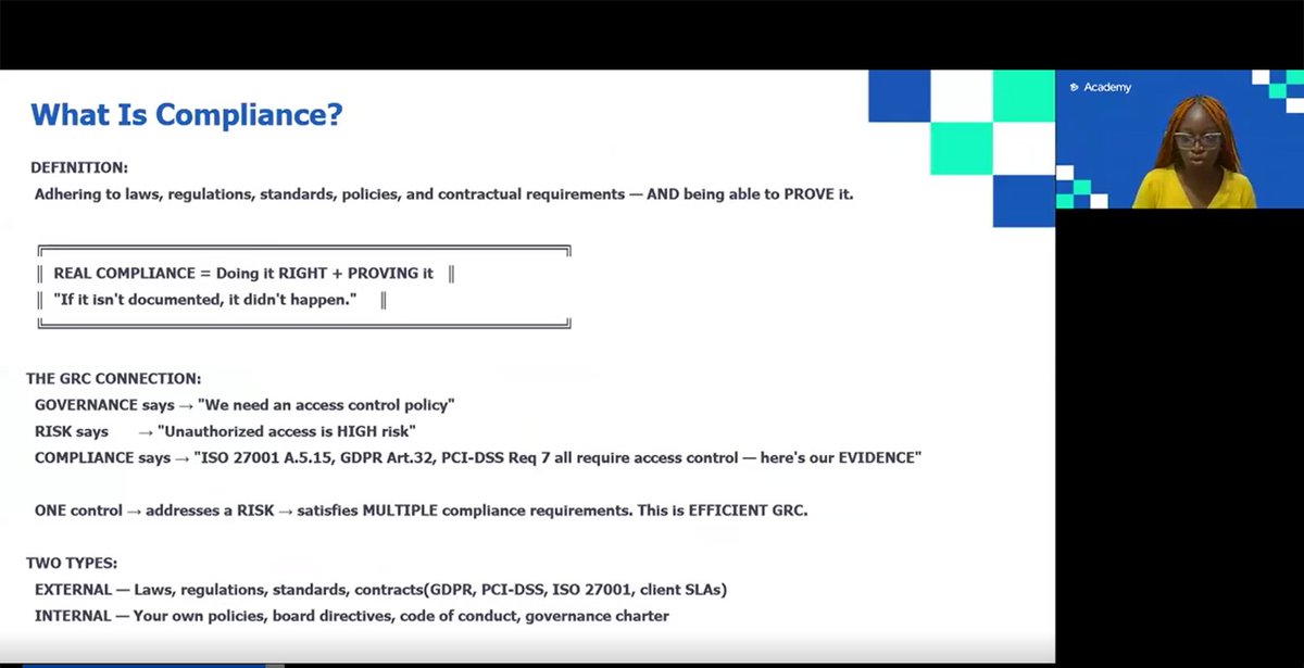 Dee_manuel2's tweet photo. Dived into Compliance today @TechSphereAcad

Learned the difference between external and internal compliance, and why documentation is everything. After all, "if it isn't documented, it didn't happen"

#cybersecurity
@ireteeh @TemitopeSobulo @cyberjeremiah https://t.co/hn8MZ6HqmC