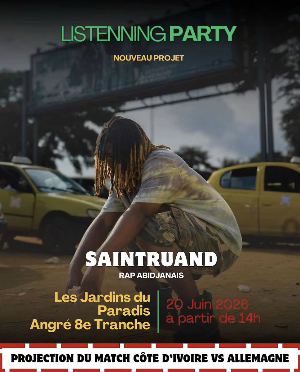 NEWAV_WRLD's tweet photo. Ce 20 juin SAINTRUAND organisera une LISTENING PARTY de son projet COCODY RASTA qui sera disponible le 19 juin ! 

📍LES JARDINS DU PARADIS , 8ÈMES TRANCHES 

🕒 14H https://t.co/sLSTess8vI