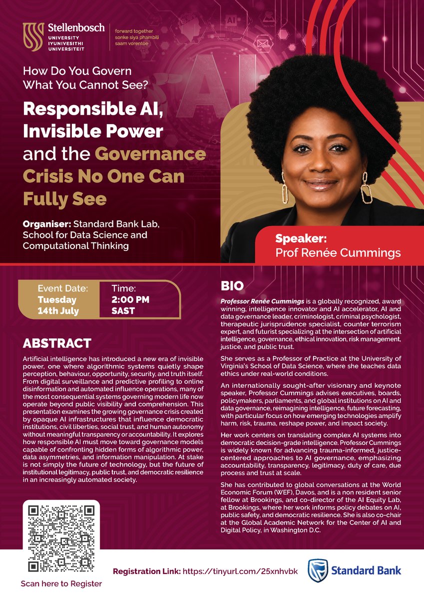 SUDataSchool's tweet photo. How do you govern what you cannot see?
Join Prof @CummingsRenee  as she tackles invisible algorithmic power, AI governance, and what's at stake for democratic resilience.
📅 14 July | 2:00 PM SAST
🌍 Open to all
Register: https://t.co/k9m86L22Pd

#ResponsibleAI #AIGovernance https://t.co/lcGVUZuoxf