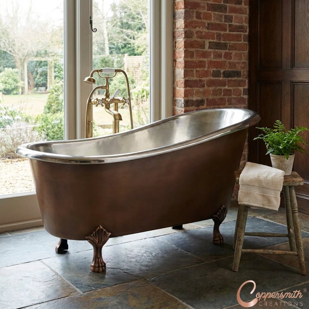 copperbathtubs's tweet photo. Two metals. One masterpiece. 🛁✨

A handcrafted clawfoot slipper tub featuring a brilliant nickel interior, rich antique copper exterior, and elegant lion paw feet. Timeless luxury from every angle. 🤎🤍
🔗 https://t.co/KFVm9PQV9s
📞 +44 7778 032124
#CopperBathtub #ClawfootTub https://t.co/mfFnSjVFzz