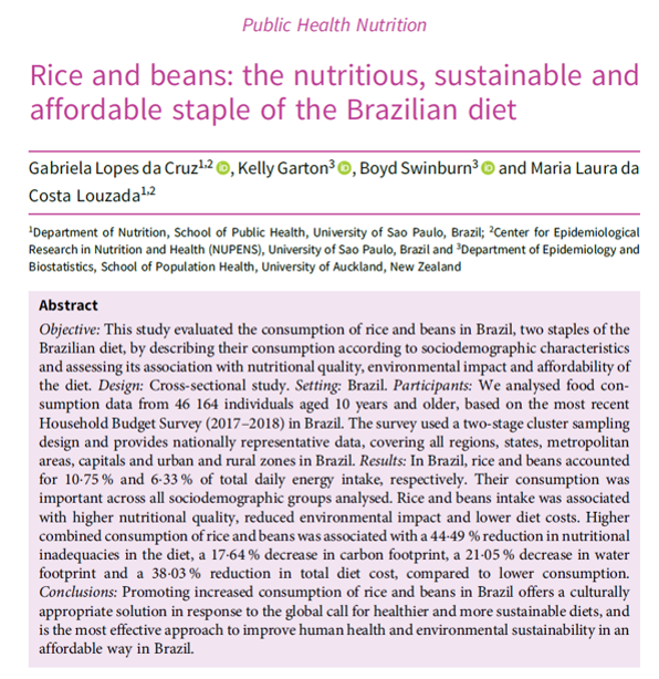 CMonteiro_USP's tweet photo. Rice &amp; beans remain Brazil's ultimate win-win-win-win real food.

High vs. low consumption linked to:
- 44.5% fewer nutrient inadequacies
- 17.6% lower carbon footprint
- 21.0% lower water footprint
- 38.0% lower diet cost
Healthier, greener, and cheaper. https://t.co/gIEuUdkINb https://t.co/DODphXcGns