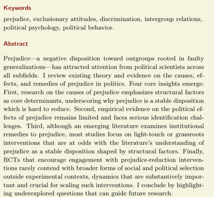 chagai_weiss's tweet photo. What do political scientists know about prejudice? 

I'm trying to answer this question in a new review piece being prepared for submission as an annual review! Comments most welcome!

🔗 to paper: https://t.co/hj6ltpfSzD https://t.co/bOdZmtefBQ