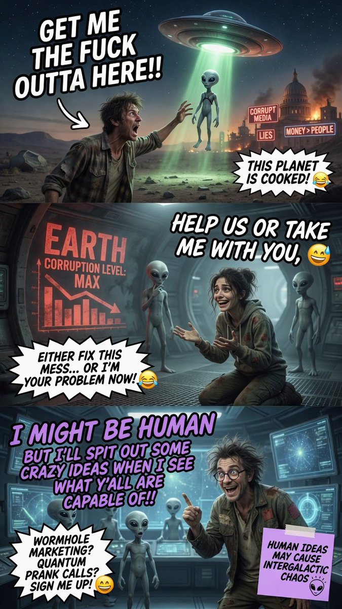 TheistLess's tweet photo. If I could talk to aliens! 

😆 🤣 

The pictures are versions that other people can take to use if they want to! Enjoy 😆 🤣  Baked fresh, today! https://t.co/twAQXkdbAL