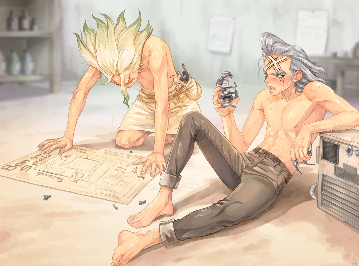 Nnettekun's tweet photo. Heat wave 🔥
Will they manage to finish building this air conditioner before they pass out?
Pour le parrain des chevilles~

#DrSTONE #ドクターストーン https://t.co/w10hbrMYmx