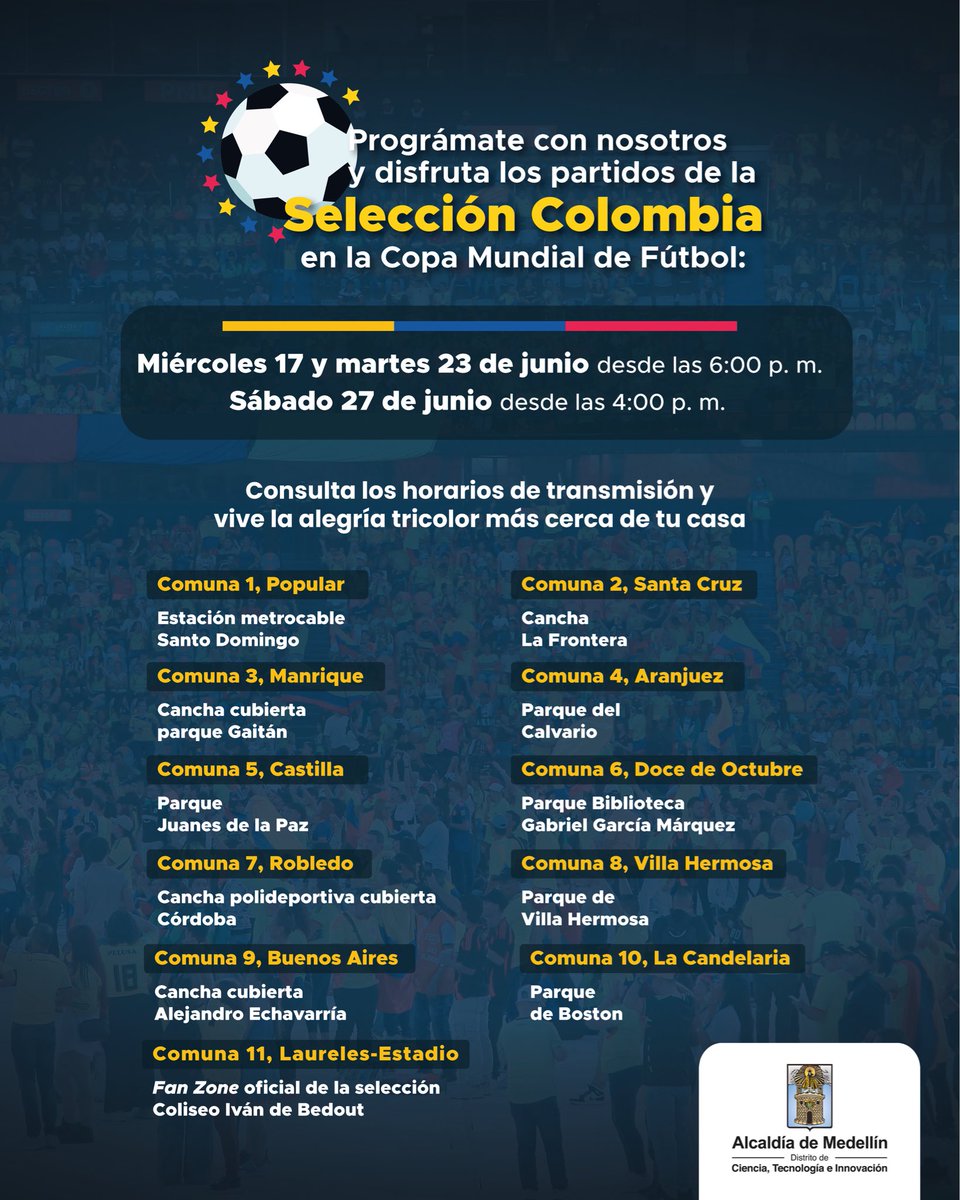 FicoGutierrez's tweet photo. ¡Todos a apoyar a la Selección Colombia 🇨🇴! Hoy debuta nuestra Sele en el Mundial y desde la @AlcaldiadeMed tenemos 21 pantallas gigantes en todas las comunas y corregimientos, para que disfruten en familia y amigos ⚽️. Deslicen para que conozcan en dónde están ubicadas. 

Y una invitación: este domingo, todos a votar 🗳️ con optimismo, convicción y amor por Colombia 🇨🇴. En Medellín tenemos todas las garantías para que sea una jornada tranquila.