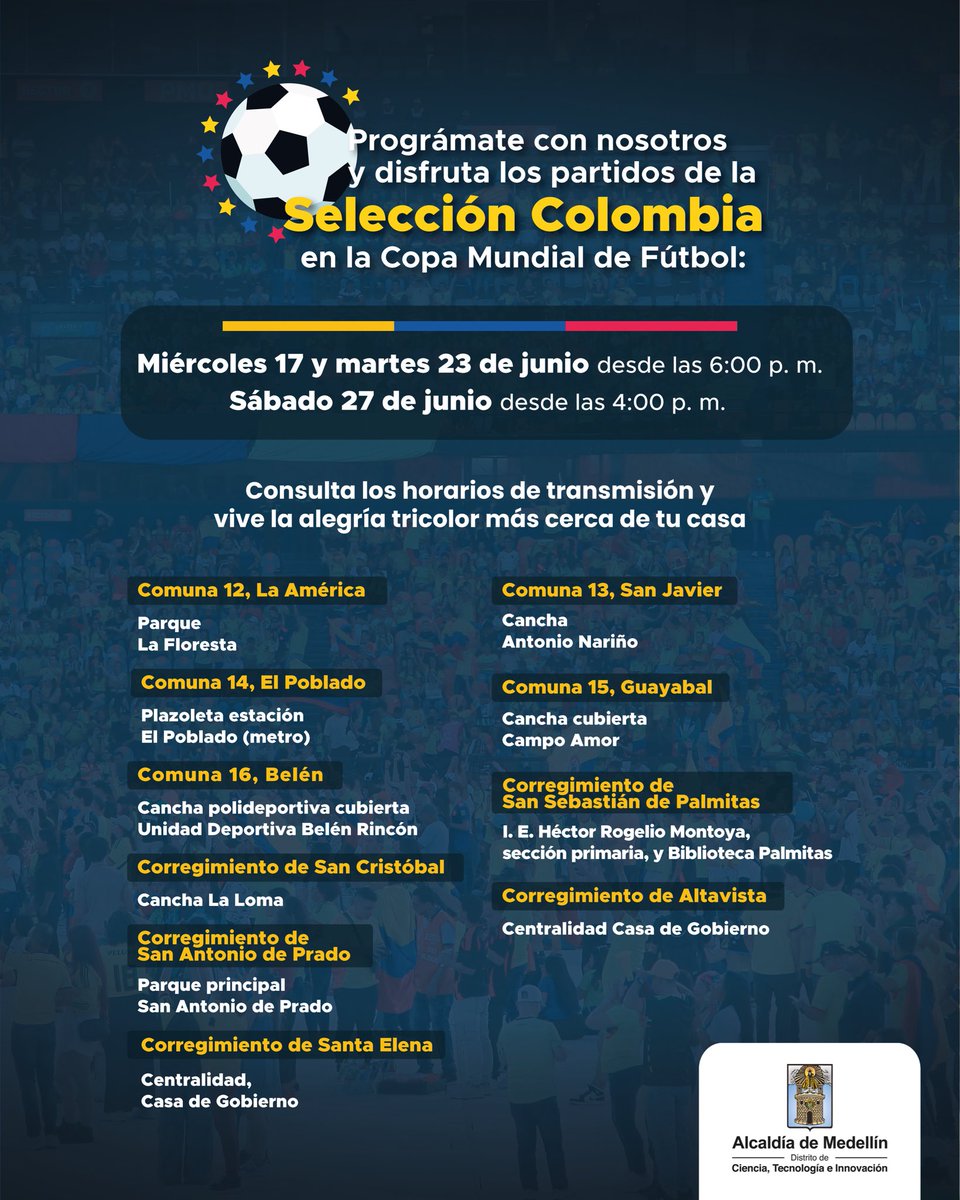 FicoGutierrez's tweet photo. ¡Todos a apoyar a la Selección Colombia 🇨🇴! Hoy debuta nuestra Sele en el Mundial y desde la @AlcaldiadeMed tenemos 21 pantallas gigantes en todas las comunas y corregimientos, para que disfruten en familia y amigos ⚽️. Deslicen para que conozcan en dónde están ubicadas. 

Y una invitación: este domingo, todos a votar 🗳️ con optimismo, convicción y amor por Colombia 🇨🇴. En Medellín tenemos todas las garantías para que sea una jornada tranquila.