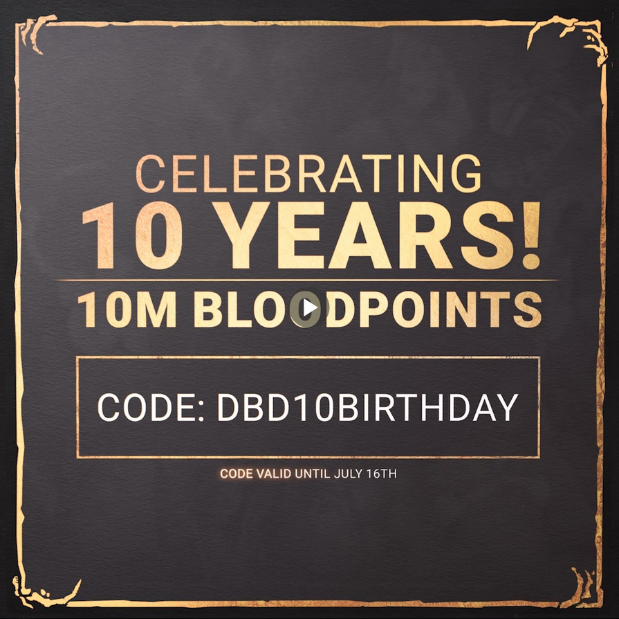 SteamGamesPC's tweet photo. 🔪Dead by Daylight is offering 10M FREE Bloodpoints to all players as they mark 10 years of horror!

🔑To claim them, all you need to do is boot up DxD before July 16, log in to your account, visit the store tab, and enter the code DBD10BIRTHDAY in the redemption section. https://t.co/mc5Y3wqPtR