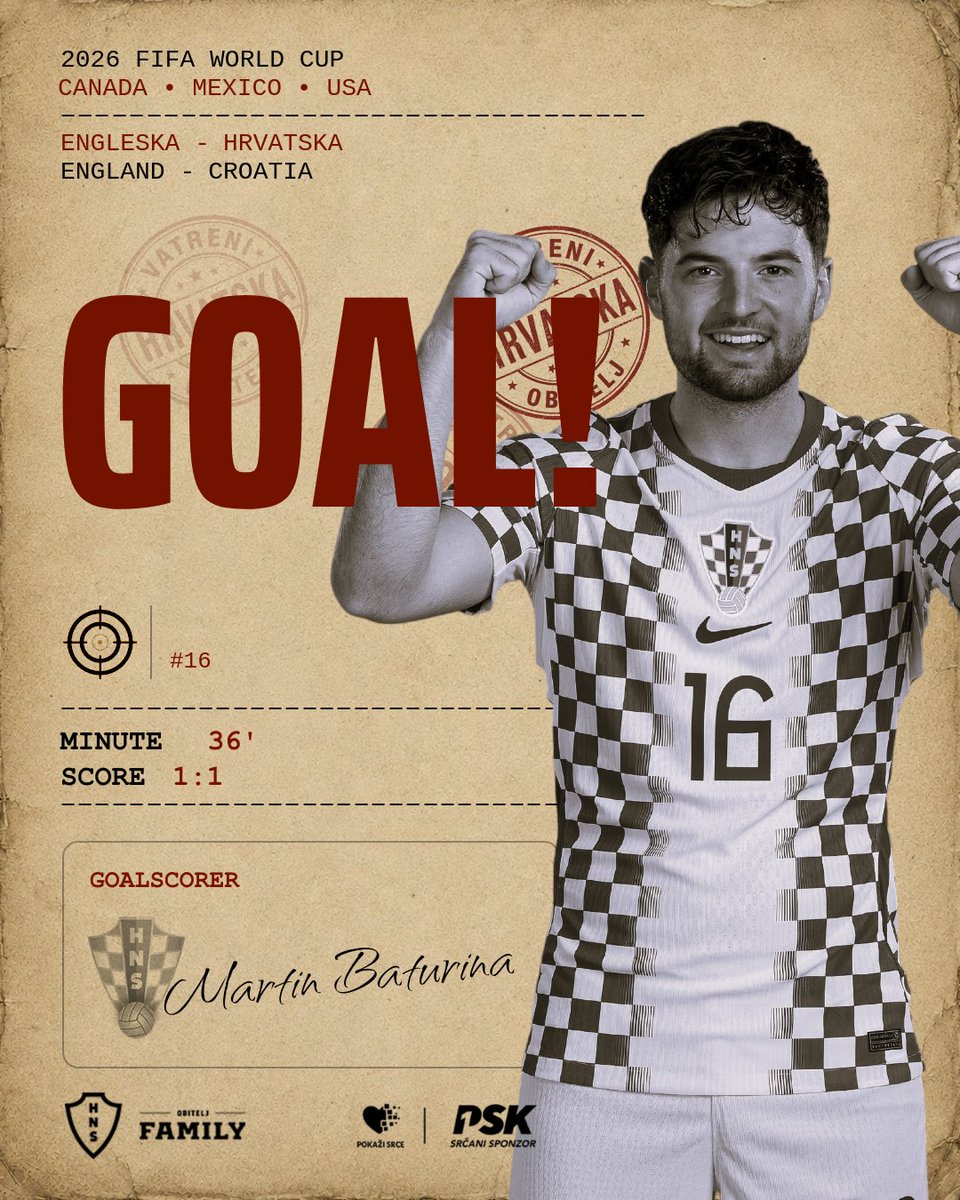 HNS_CFF's tweet photo. 36' | 🏴󠁧󠁢󠁥󠁮󠁧󠁿 1:1 🇭🇷

#Croatia has equalized, Baturina with a screamer! 🚀 #ENGCRO

#WorldCup | #HrabarBroj | #PokažiSrce | #Family | #Vatreni ❤️‍🔥 https://t.co/0KtolwTbN8