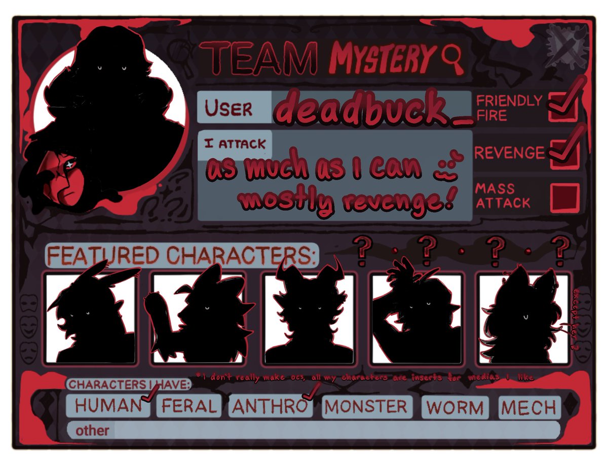 deadbuck_'s tweet photo. ATTACK ME OOMFS!! Team mystery LETS GO I will try to attack yumes!! https://t.co/z4hUGIp92b