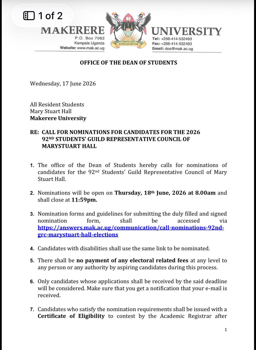 DOS_Makerere's tweet photo. Dear students,
Please receive the call for nominations for the position of Guild Representative Councillor for Marystuart Hall. Please make sure to read the attached document carefully. If interested, make sure to apply before the deadline (Thursday 18th 11:59pm). https://t.co/fKTOnCz1cz