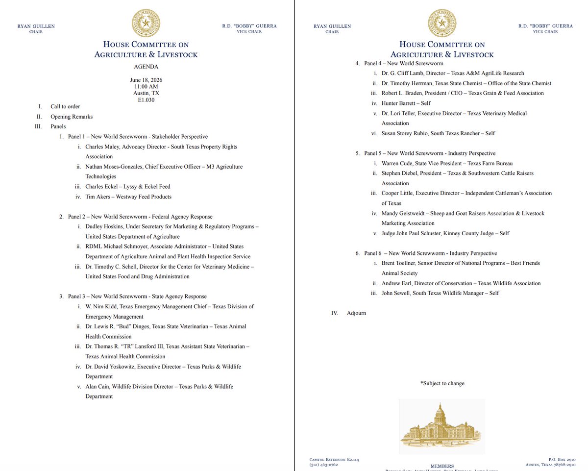 bradj_TX's tweet photo. Here's the agenda for tomorrow's Ag &amp; Livestock hearing on the New World Screwworm. #txlege https://t.co/NQVUL8nqa4