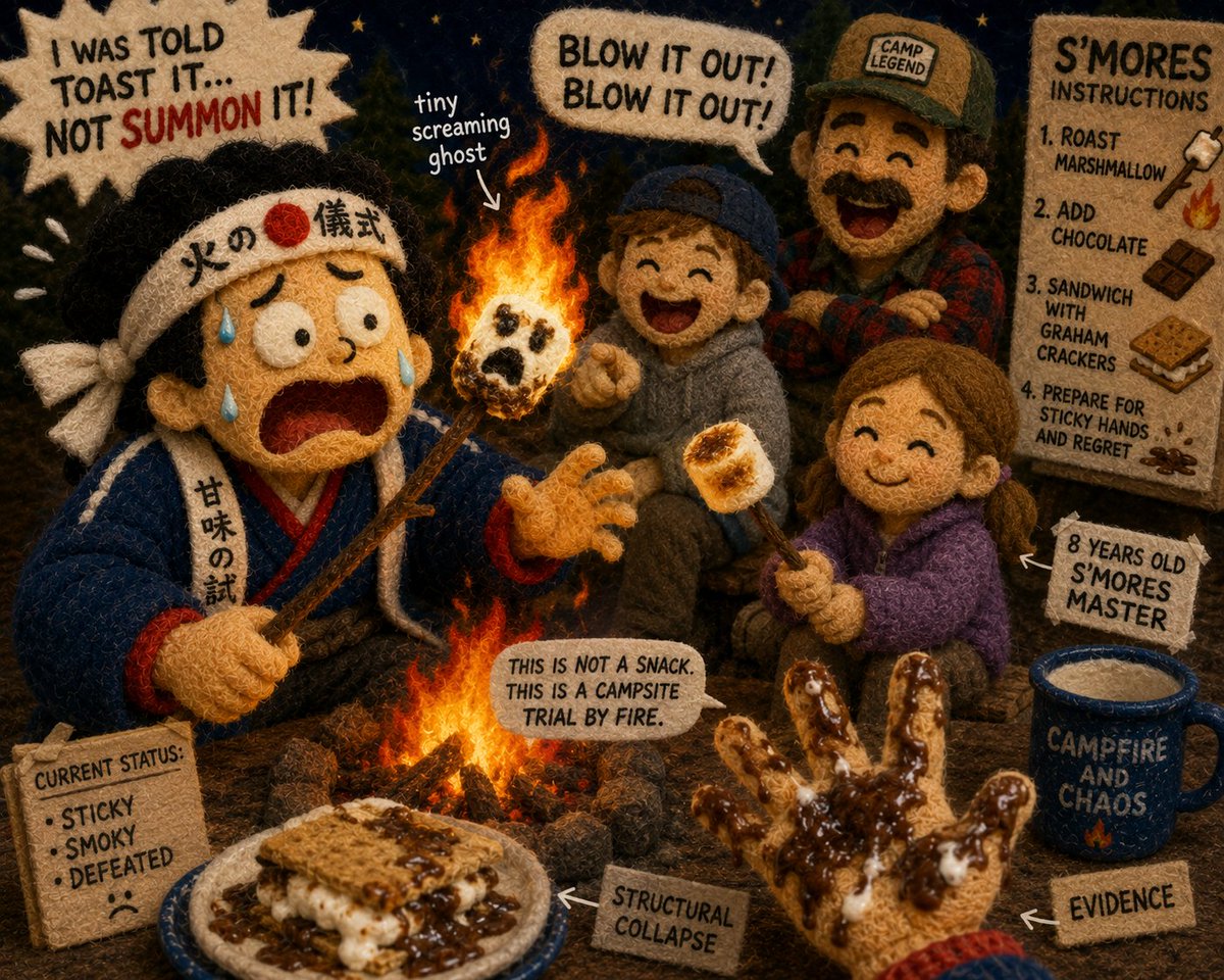 tanpukunokami's tweet photo. The S’mores Fire Ceremony

An American child handed me a stick with a marshmallow on it.

Then pointed at the fire.

“Put it in there.”

I looked at the child.

I looked at the fire.

I looked for a responsible adult.

There were none.

Only adults smiling like this was tradition and not a small dessert-based crime scene.

The marshmallow was white.

Soft.

Trusting.

It had never hurt anyone.

Now America wanted me to send it into battle.

I held it near the flame.

Carefully.

Like a surgeon.

The child said,

“Closer.”

Dangerous word.

I moved closer.

The marshmallow immediately caught fire.

Not toasted.

Not golden.

On fire.

A tiny screaming ghost on a stick.

I froze.

The child yelled,

“Blow it out!”

This child was clearly my commander now.

I blew.

Too hard.

The marshmallow spun.

A piece of burning sugar tried to leave the stick and start its own country.

Someone’s dad said,

“Nice.”

Nice?

Sir, I almost committed arson with candy.

The child took the stick from me like a veteran taking a weapon from a recruit.

He blew once.

Perfect.

Calm.

No fear in his eyes.

He was eight years old and had already seen more marshmallow warfare than I had.

Then they handed me chocolate and graham crackers.

I thought the danger was over.

Incorrect.

America does not stop after fire.

America adds architecture.

“Now sandwich it.”

I tried.

The marshmallow slid sideways.

The chocolate melted.

The cracker broke.

My fingers became evidence.

The whole structure collapsed like a government built on sugar.

The child watched quietly.

Not judging.

Worse.

Training me.

I took one bite.

Smoke.

Chocolate.

Crunch.

Melted cloud.

My mouth said yes.

My hands said lawsuit.

By the second bite, I had chocolate on my thumb, marshmallow on my wrist, and a cracker fragment in a place no snack should reach.

A grandmother laughed and said,

“That’s a good one.”

I was not eating dessert.

I was losing a fight to campfire glue.

S’mores do not feed you.

They disarm you, expose you, and make children respect you less.

Then I looked over.

The same child had made another one.

Golden marshmallow.

Perfect chocolate melt.

Clean fingers.

Calm face.

That was when I understood.

S’mores are not a snack.

They are America’s way of finding out which adults can still be defeated by sugar.

NyanChuu will return to the fire.

Next time, I will not fear the flame.

I will fear the child holding the stick like he was born from the campfire itself.