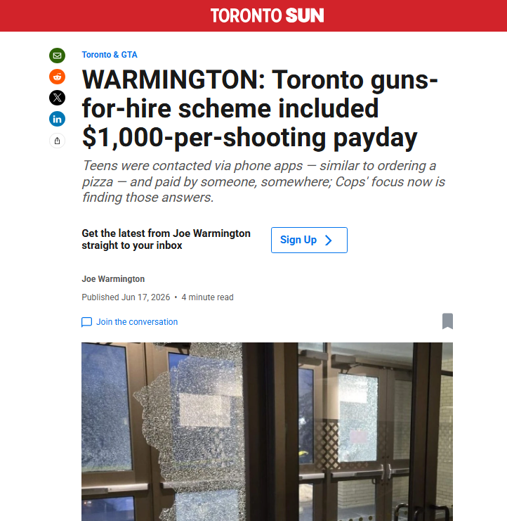 cbcwatcher's tweet photo. "The going rate to hire a teen gunman over a phone app to shoot up whatever target a criminal or terrorist element wants? According to multiple sources, it was often a $1,000-per-shooting assignment.

Tax-free, too.

It’s known these young thugs were being handsomely paid to spray bullets at their targets. What police have not yet revealed is who paid them, and where they and their money come from. Local GTA customers, or international?" @joe_warmington