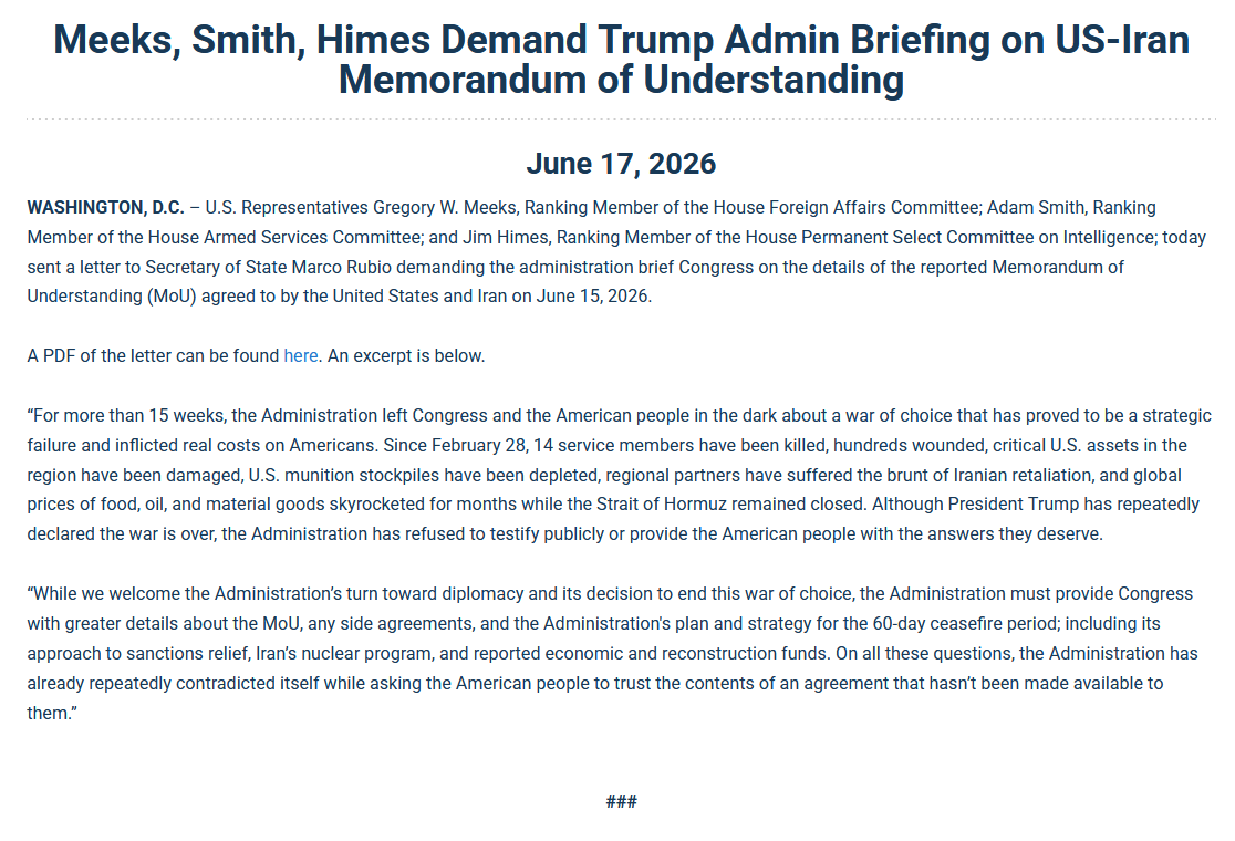 HASCDemocrats's tweet photo. Nat Sec Dems demand the Trump Admin brief Congress on the details of the U.S.-Iran Memorandum of Understanding. https://t.co/oPekKhNAcy
