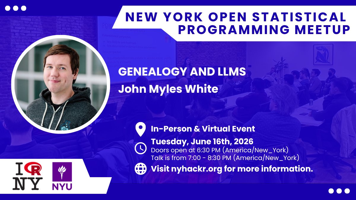 nyhackr's tweet photo. June's meetup with John Myles White about Genealogy and LLMs is now available to view. Enjoy!
📽️ Video &amp; Slides➡️ https://t.co/4Mi63Hpg7X https://t.co/arGbehdBcW