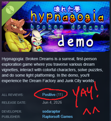 sodaraptor_dev's tweet photo. Thanks to those who have checked out the demo for Broken Dreams and helped get it over 10 reviews so far! 

Already getting tons of great feedback that I'm putting towards the full game. If you enjoyed the demo version, just wait- you haven't seen nothin yet..... https://t.co/RKdjoVLumf