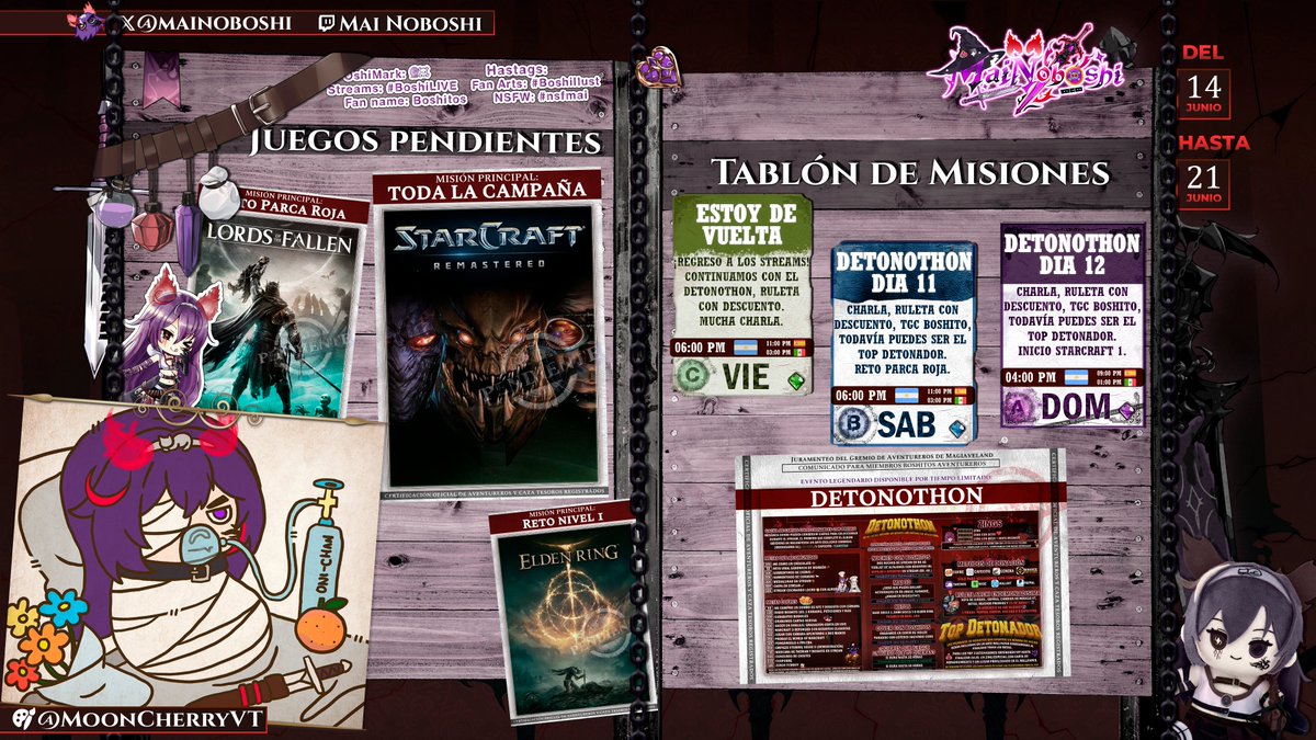 MaiNoboshi's tweet photo. ⚔️Misiones de la semana⚔️
⚠️Los horarios pueden sufrir modificaciones debido a imprevistos, colaboraciones, eventos especiales o cuestiones de salud.⚠️
¡Gracias por acompañarme en cada aventura! 🐺
#MaiNoboshi https://t.co/UBGy2Y5f7J