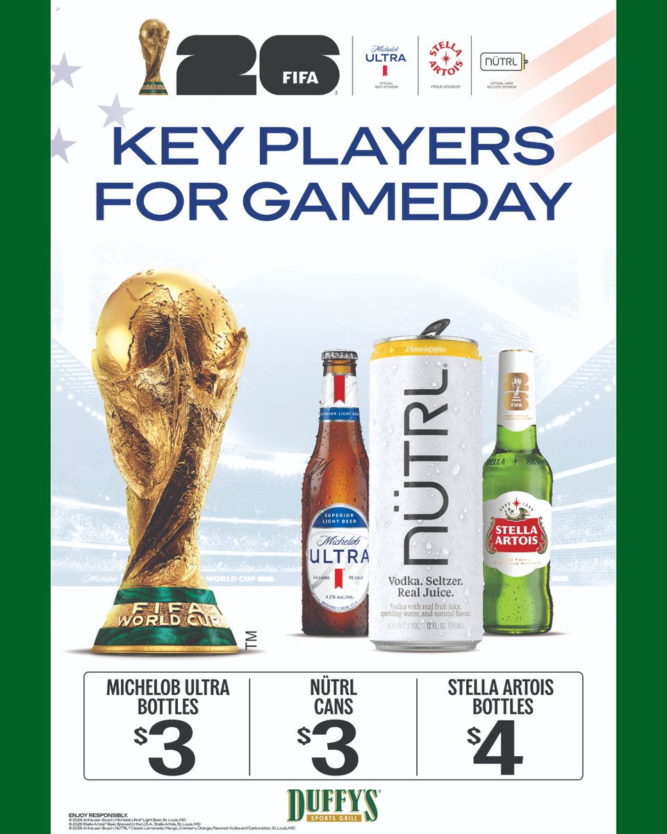 duffysmvp's tweet photo. Catch every World Cup match with Michelob Ultra bottles $3, Nütrl cans $3, and Stella Artois bottles $4 at Duffy’s. ⚽🍺

📅 June 11–July 19 | More details at https://t.co/AX6MXIVSk9 https://t.co/B4NxXiTskN