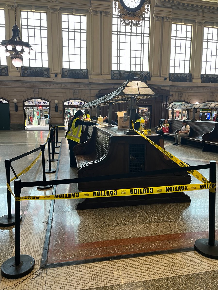 NJTRANSIT's tweet photo. ✨ NJ TRANSIT is enhancing the customer experience at Hoboken Terminal!

🪑 Historic benches are being deep cleaned &amp; polished by Station Attendants.
🧼 Our B&amp;B team is also repairing &amp; power washing the platforms. https://t.co/rm3yc9QVgn