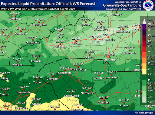 A map shows the ranges of rainfall totals potentially occurring between Wednesday evening and early Saturday morning (June 17-20, 2026) across parts of the NWS Greenville-Spartanburg forecast area.