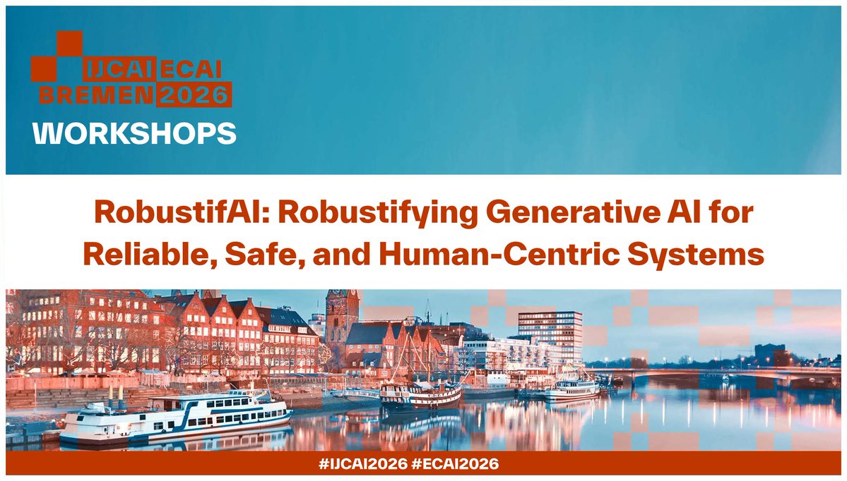 IJCAIconf's tweet photo. #Workshop Explore #16: Robustifying Generative AI (GenAI)🗣️Invited speakers: Jan Křetínský @TU_Muenchen, Ezio Bartocci @tu_wien, Son Tong @Siemens, Markus Rickert @uni_bamberg_of, Jennifer Horkoff @goteborgsuni
🌐 https://t.co/5lbO6a4Kry
#IJCAI2026 #ECAI2026
#Bremen #AIsummer https://t.co/KF2ZbeW3uN