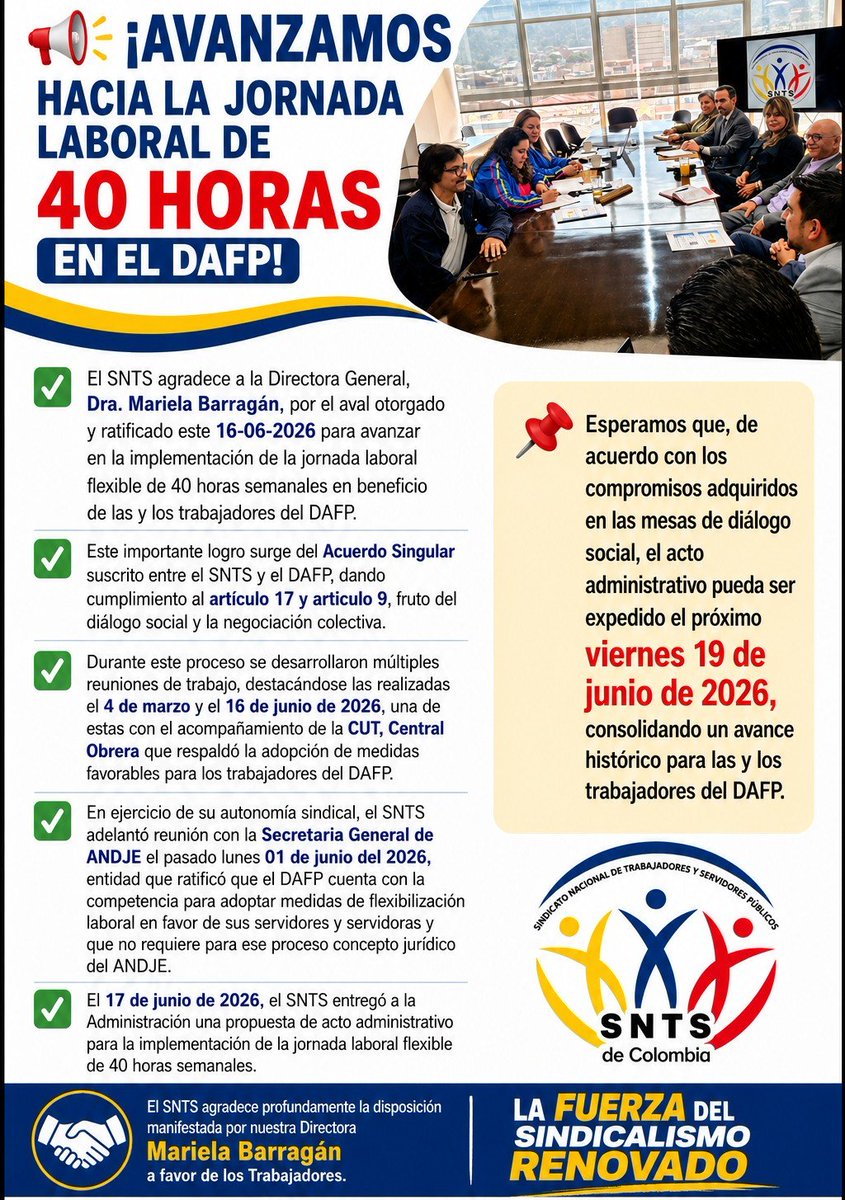 SNTSdeColombia's tweet photo. 📢 ¡AVANZAMOS HACIA LA JORNADA LABORAL DE 40 HORAS EN EL DAFP!

El @SNTSdeColombia agradece a la Directora General @mariellabarrag3 , por el aval otorgado para avanzar en la implementación de la jornada laboral flexible de 40 horas semanales en el @DAFP_COLOMBIA

#SNTSdeColombia https://t.co/aYKnibaeDf