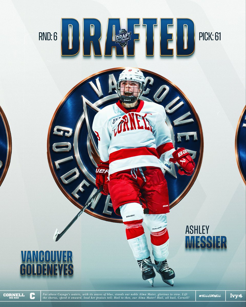 CornellWHockey's tweet photo. Vancouver’s got a good one in three-time Big Red captain Ashley Messier ‘25

➡️ @PWHL__Vancouver 
➡️ 6th Round
➡️ Pick 61

#YellCornell x #PWHLDraft https://t.co/gU3hxyFgBO