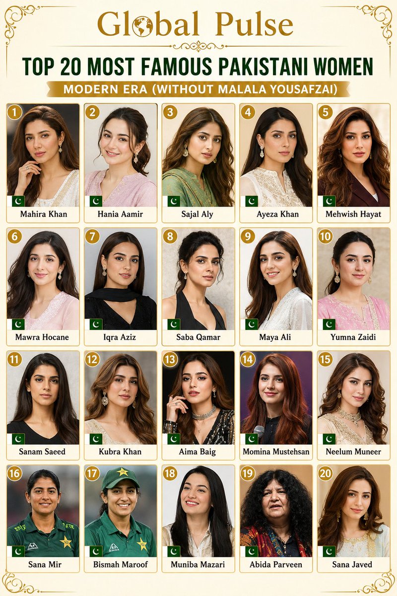 muffikapad's tweet photo. 🇵🇰 Top 20 Most Famous Pakistani Women

① 🇵🇰 Mahira Khan
② 🇵🇰 Hania Aamir
③ 🇵🇰 Sajal Aly
④ 🇵🇰 Ayeza Khan
⑤ 🇵🇰 Mehwish Hayat
⑥ 🇵🇰 Mawra Hocane
⑦ 🇵🇰 Iqra Aziz
⑧ 🇵🇰 Saba Qamar
⑨ 🇵🇰 Maya Ali
⑩ 🇵🇰 Yumna Zaidi
⑪ 🇵🇰 Sanam Saeed
⑫ 🇵🇰 Kubra Khan
⑬ 🇵🇰 Aima Baig
⑭ 🇵🇰 Momina Mustehsan
⑮ 🇵🇰 Neelum Muneer
⑯ 🇵🇰 Sana Mir
⑰ 🇵🇰 Bismah Maroof
⑱ 🇵🇰 Muniba Mazari
⑲ 🇵🇰 Abida Parveen
⑳ 🇵🇰 Sana Javed