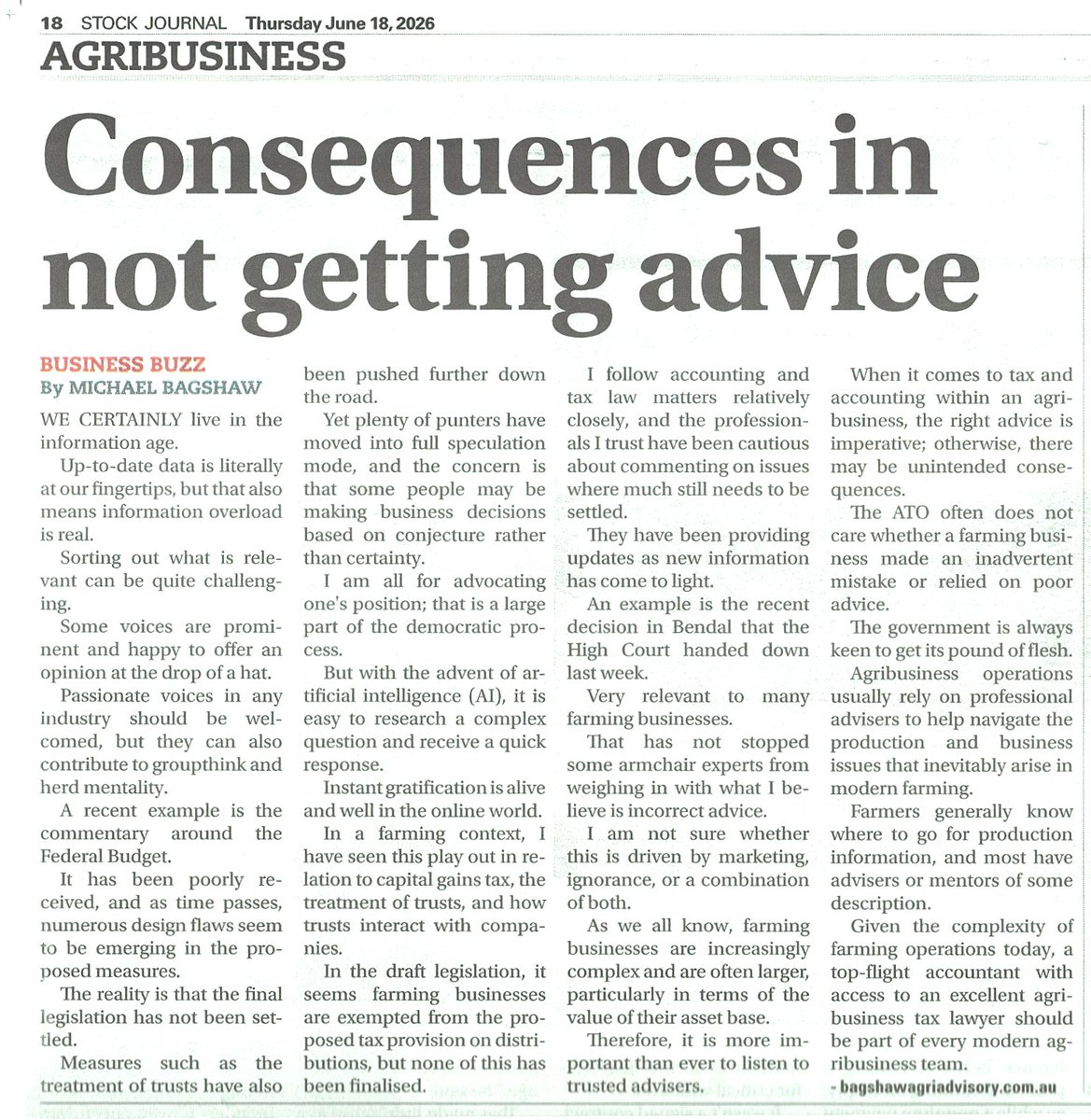 MichaelBagshaw's tweet photo. This week's Stock Journal article. Obtaining professional advice in relation to a farming business is vital. https://t.co/l3b4OyH1D9