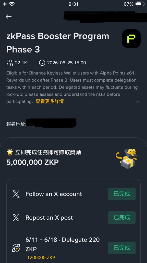 caringtank's tweet photo. 这个ZKP的Booster任务第一阶段在今天15:00结束，如果还没做的要抓紧机会

目前第一个任务完成者约2.1万人，预估每人约10 ~ 12U奖励

详细教程C总写得很清楚了，这边补充几个重点

🔸 可以买现货 + 套保后再质押，只买现货不套保有可能会发生ST那样，币价腰斩直接反撸的情况

🔸 第一阶段质押220个需要在今天（6/18）15:00之前完成任务验证，过了就没法验证了，也不能参加最后的抽奖

🔸 第二阶段的质押任务可以在第一阶段的220个之上，再补质押230个，达成总共450个的门槛。嫌麻烦也可以直接质押新的450个同样能达成任务

🔸 质押的代币需要7天后才能领取

我自己是在刚刚参加了，看目前参与人数没有很多，而且现在有确定性高的毛就多少撸一下

有任何问题可以在下面留言询问，祝兄弟们赚钱！👍