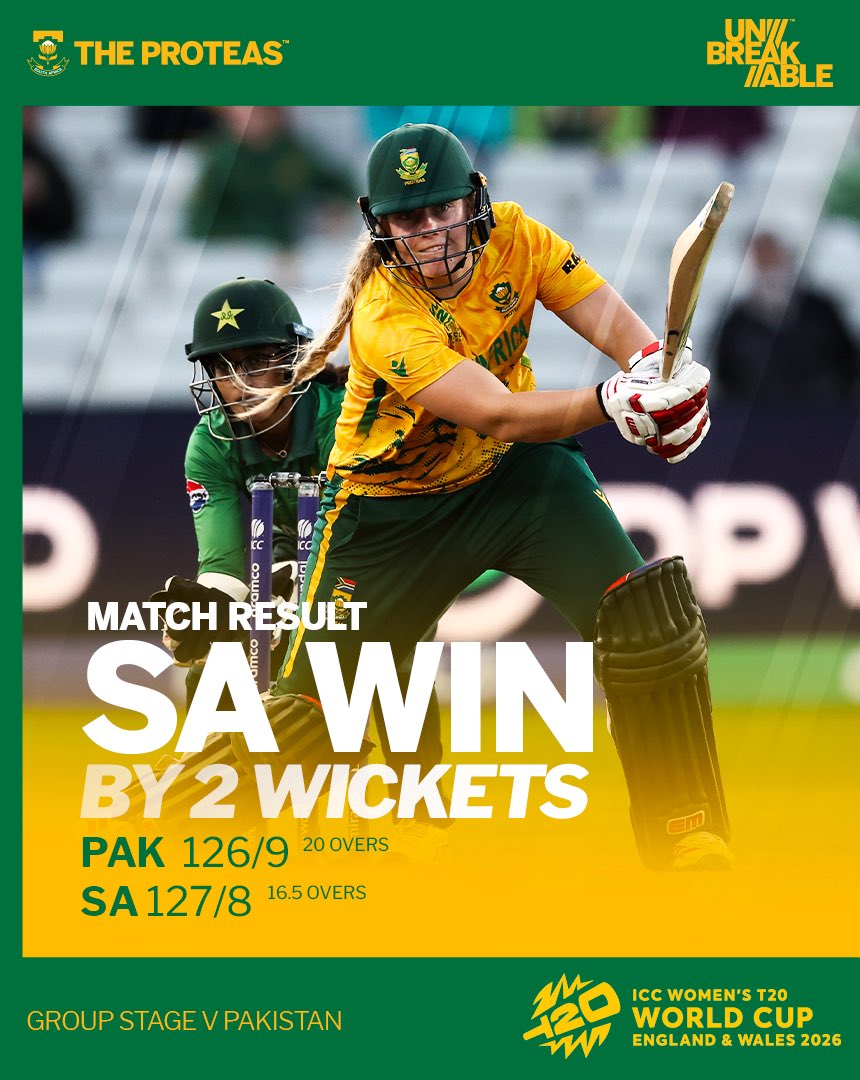 muffikapad's tweet photo. MATCH RESULT 🚨

A thrilling contest comes to an end at Edgbaston with #TheProteas sealing victory by 2 wickets. 🇿🇦🏏

What a classic we’ve witnessed tonight! A brilliant display of fight, skill and composure under pressure, but #TheProteas hold their nerve when it matters most and take all the spoils. 💪

#Unbreakable #T20WorldCup