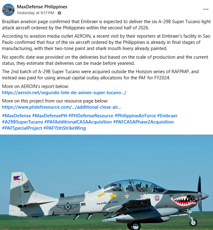 aero_in's tweet photo. Repercurssão muito positiva da nossa reportagem da proximidade da entrega dos quatro Super Tucanos das Filipinas

A página MaxDefense, a maior de defesa no país asiático, comentou a novidade e vários comentários em comum surgiram: Quando a versão anti-drone será dispobinilizada? https://t.co/GrQx08fWo1