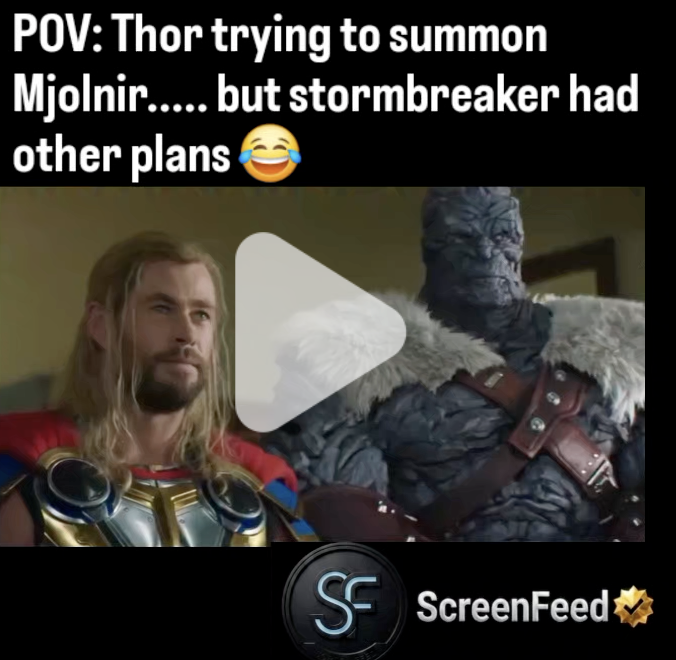 CATlxxx's tweet photo. https://t.co/RStiXjEt48
Thor love and Thunder
This hilarious clip from *Thor: Love and Thunder* captures the awkward, yet laugh-out-loud relationship dynamic between Thor, his old weapon Mjolnir, and his current weapon, Stormbreaker. As Korg makes a witty comment about how tough it must be for Thor to see his "ex-girlfriend and ex-hammer hanging out," Thor subtly stretches out his hand, trying to discretely summon Mjolnir back to him. However, Mjolnir barely budges before a jealous Stormbreaker slowly floats into the frame, completely block
