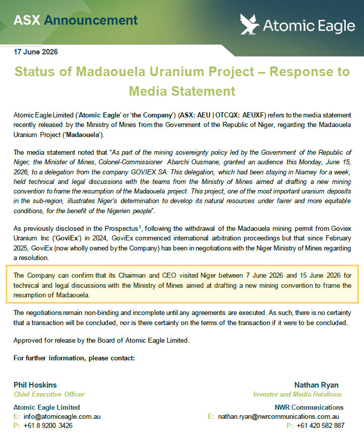 quakes99's tweet photo. Rumours and West #Africa press news confirmed!✅  Atomic Eagle $AEU $AEUXF has indeed been in #Niger working with the Nigerien government on a new #mining plan (with its GoviEx Niger subsidiary) that could bring its halted Madaouela #Uranium Project back online.🏭😃 Yee-Haw!🤠🐂 https://t.co/VIbRzRWInc