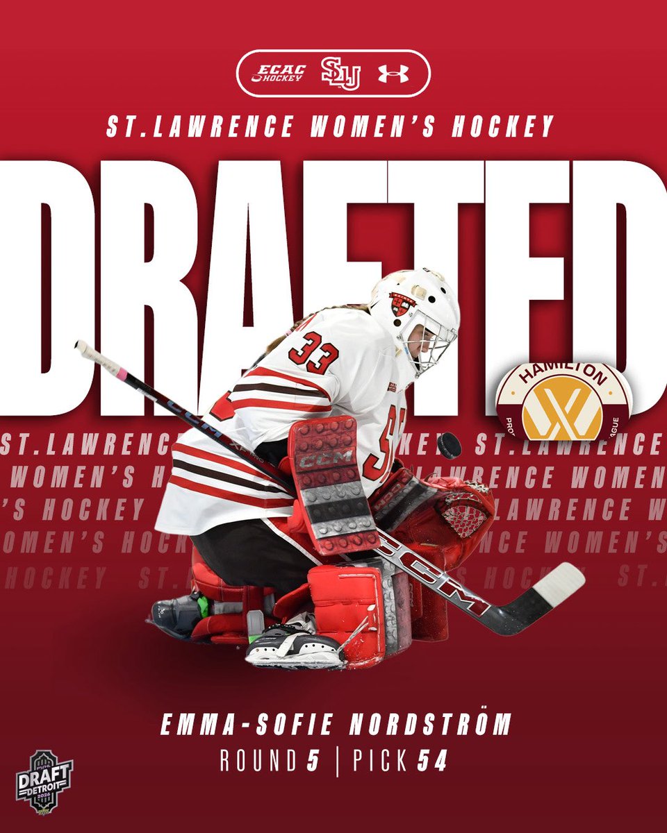 SLU_whockey's tweet photo. 𝐓𝐡𝐞 𝐟𝐢𝐫𝐬𝐭 𝐃𝐚𝐧𝐞 𝐭𝐨 𝐩𝐥𝐚𝐲 𝐢𝐧 𝐭𝐡𝐞 𝐏𝐖𝐇𝐋 - @nordstroem_33 is headed to Hamilton!

@PWHL_Hamilton selects St. Lawrence goaltender and alternate captain Emma-Sofie Nordström, as the 54th pick in the 2026 PWHL Draft! 

#herewegoSAINTS | #PWHLDraft https://t.co/MPUdflUBmM