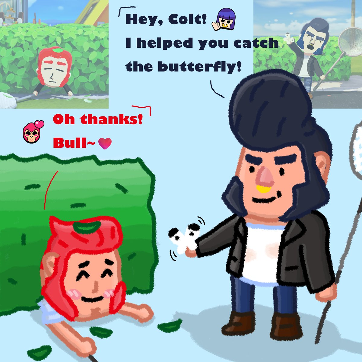 SimonGuy2048's tweet photo. In Tomodachi Life, Colt tried to catch a butterfly but failed, however, Bull later caught it and gave it to Colt, what a heartwarming scene❤️🥰
#brawlstars #bullxcolt #coltxbull #brawlstarsbull #brawlstarscolt https://t.co/P8d13lo377