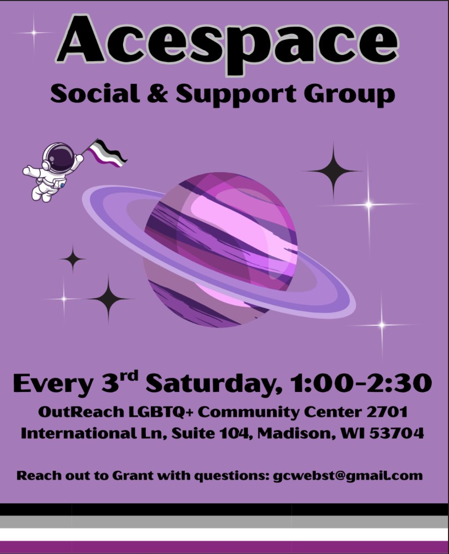 madisonacespace's tweet photo. Madison Acespace social &amp; support group returns this Saturday at 1pm at OutReach Center! https://t.co/YgKibXJQwn