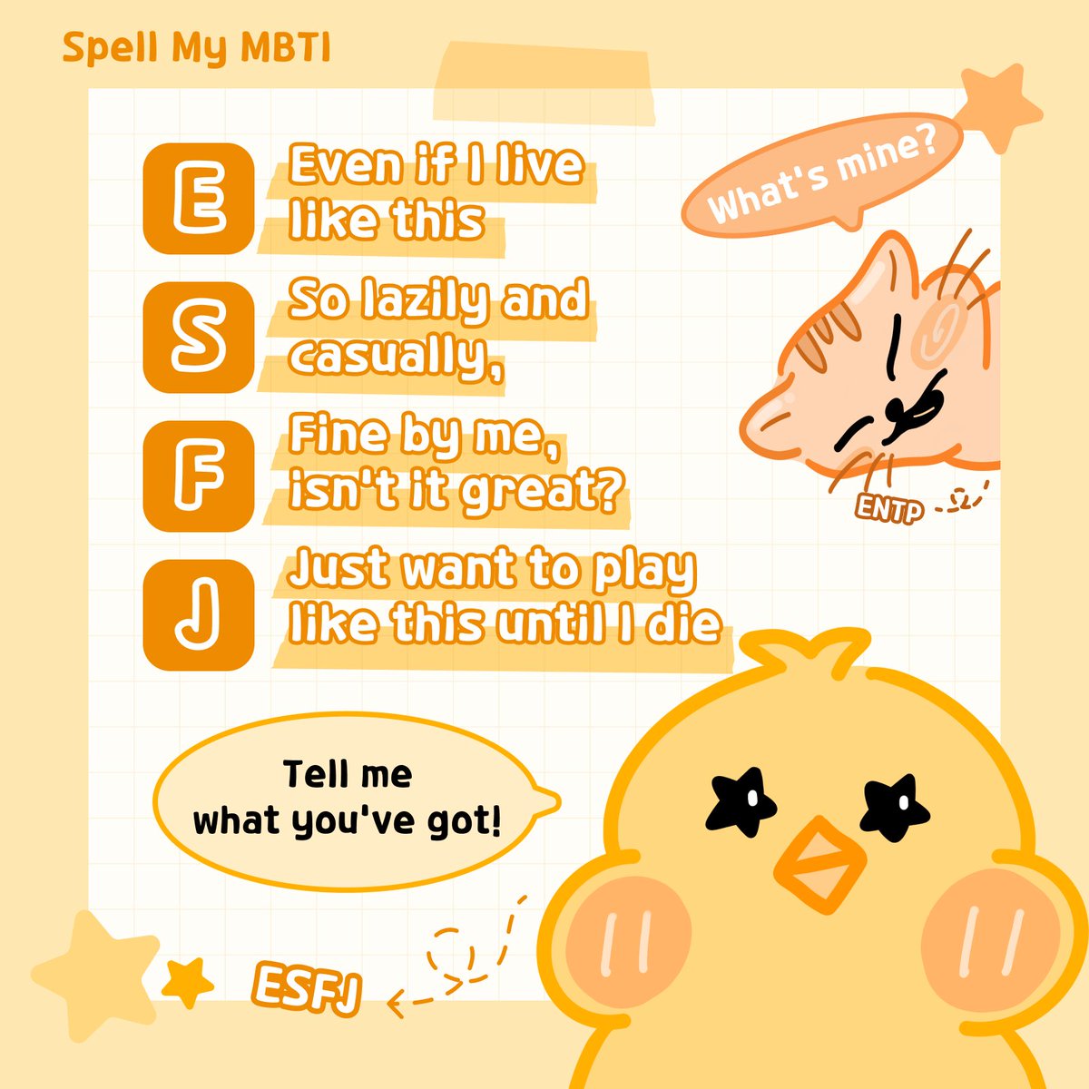 poomangofficial's tweet photo. an acrostic poem with mbti:

M: moved literally 0 muscles today
B: bedtime already??? bro what
T: twitter took all my time smh
I: i wasted the entire day again

go check yours here 👇
https://t.co/XChrqciRes

👇More fun tests available now!
https://t.co/qxWdbtunAd

(P.S. Share your result in the thread ⬇️)