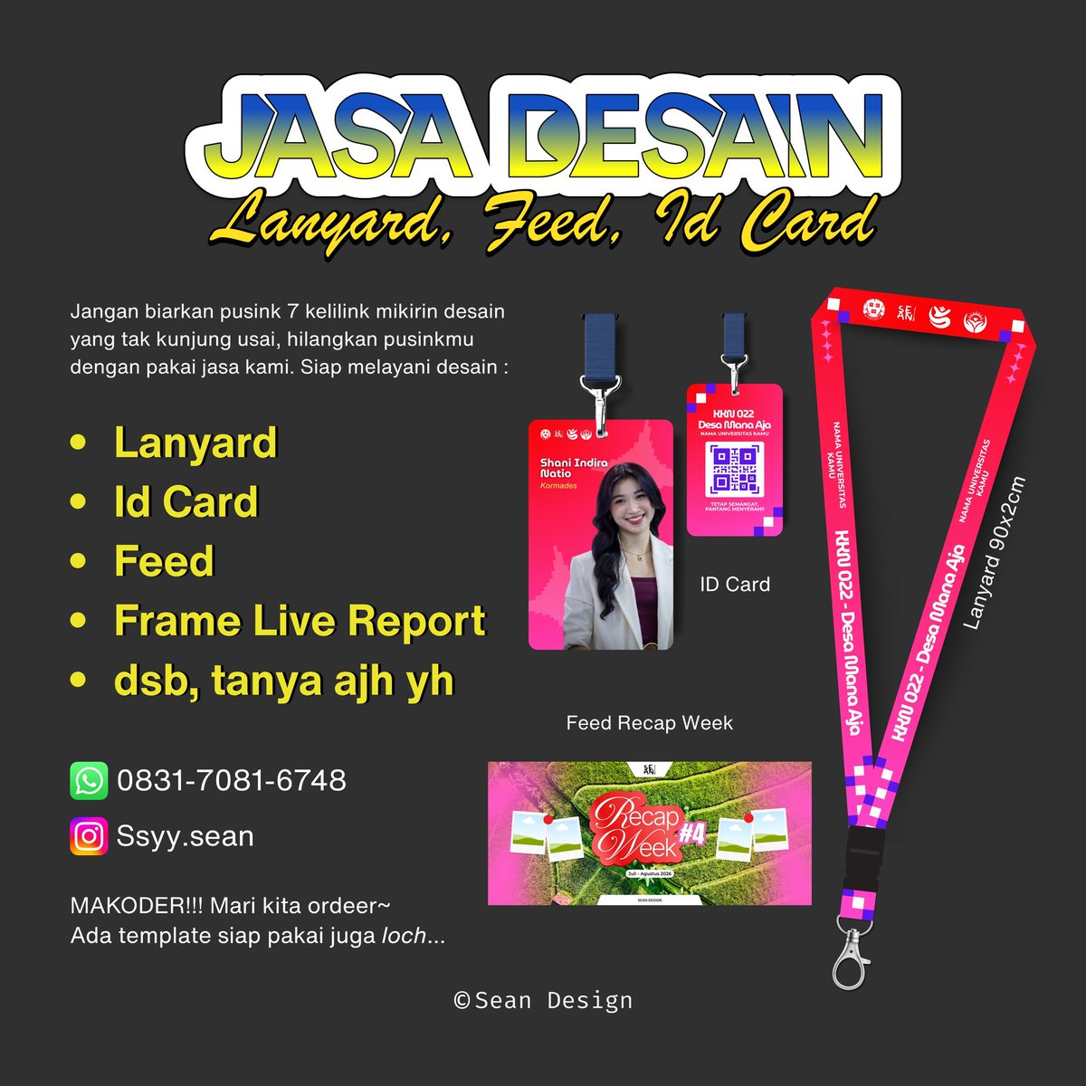 sseandesign's tweet photo. @unicefess Bingung mau mulai desain lanyard atau feed dari mana? 🤔

Daripada pusing mikirin layout yang nggak ketemu-ketemu, mending santai aja dan yuk serahkan semuanya ke SEAN Design!

👇🏻Link pembelian template
https://t.co/oKS3ljuiKU
───
📲 https://t.co/pcYA7QNEnp / IG @/ssyy.sean https://t.co/p8PNFRZO9j