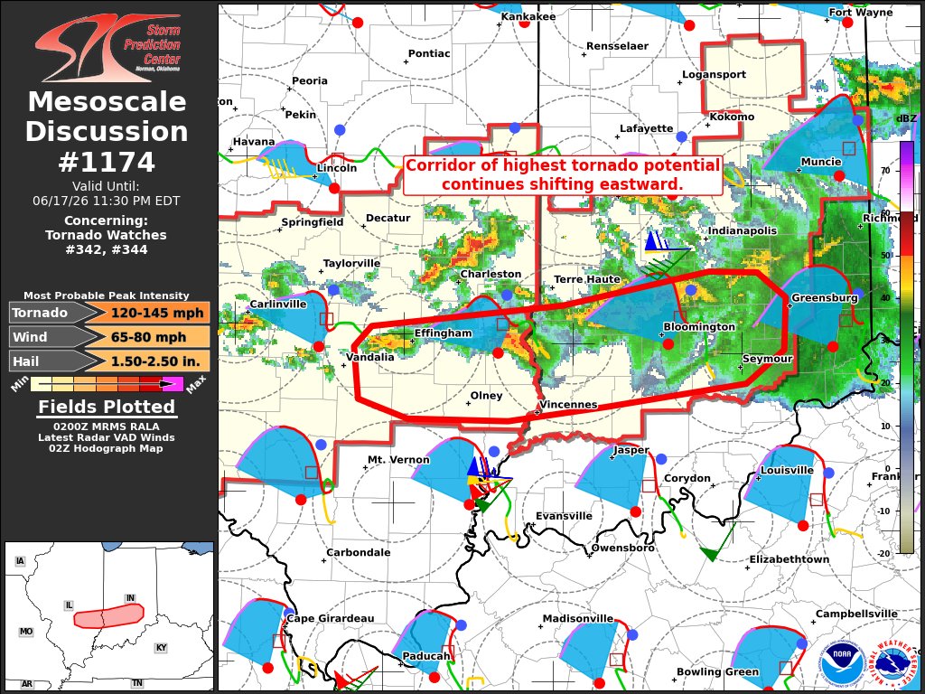 NWSSPC's tweet photo. 9:05pm CDT #SPC_MD 1174 , #inwx #ilwx, https://t.co/dfYVFAFVqk https://t.co/mOWXbDh6RY