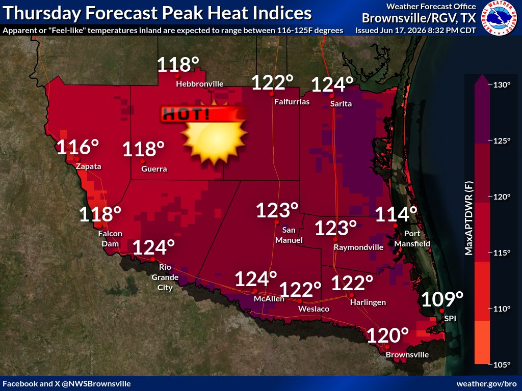 NWSBrownsville's tweet photo. The Extreme Heat Watch has been upgraded to an Extreme Heat Warning for all of Deep South Texas excluding the islands from 11 AM to 8 PM CDT Thursday. Dangerous peak heat indices or "feel-like" temperatures ranging between 116-125F degrees during the day on Thursday. https://t.co/jb09p9Hl31