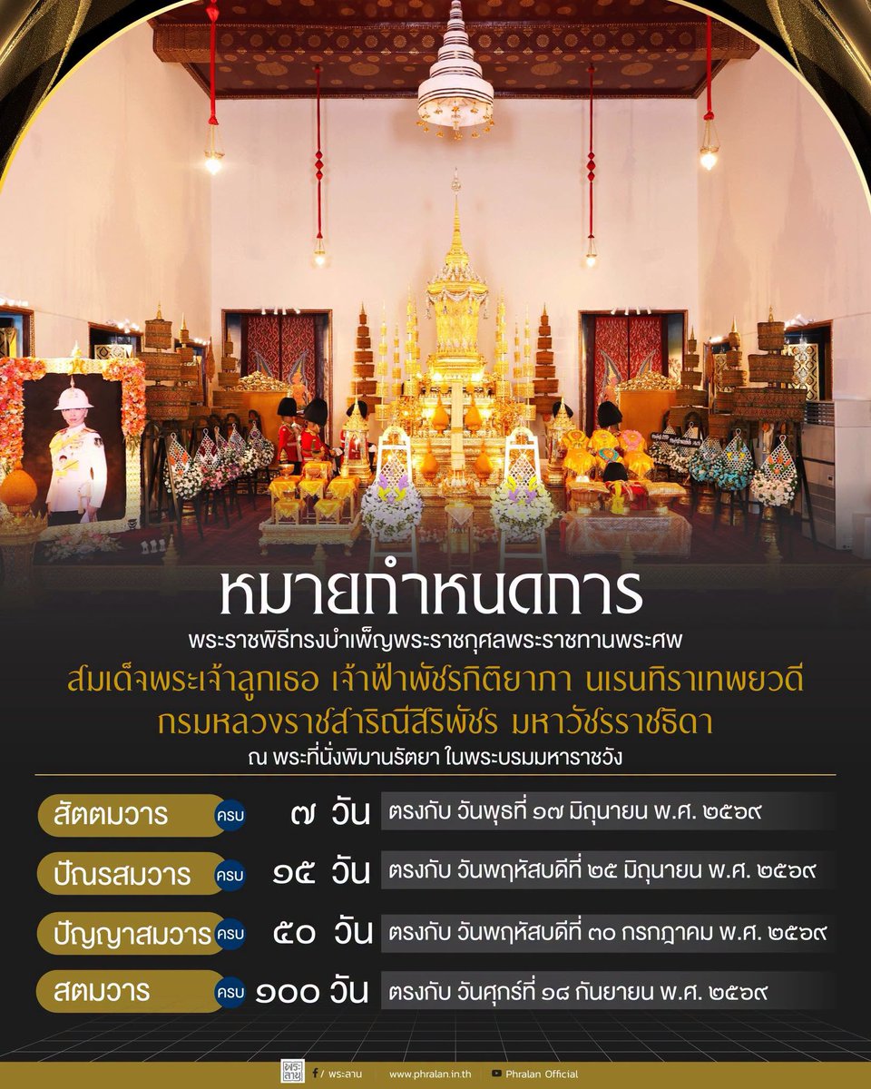 MOD_PR_Official's tweet photo. หมายกำหนดการพระราชพิธีทรงบำเพ็ญพระราชกุศลพระราชทานพระศพ สมเด็จพระเจ้าลูกเธอ เจ้าฟ้าพัชรกิติยาภา นเรนทิราเทพยวดี กรมหลวงราชสาริณีสิริพัชร มหาวัชรราชธิดา ณ พระที่นั่งพิมานรัตยา ในพระบรมมหาราชวัง

ที่มา: เพจพระลาน https://t.co/hMUcKfIA89